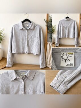 🩶 Offline by Aerie Gray Cropped Button-Up Shirt Medium | Casual Oversized Top